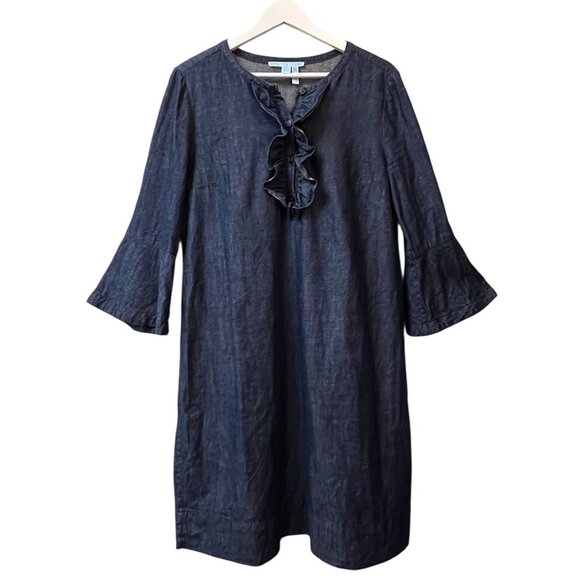 Draper James Dresses & Skirts - Draper James Shift Dress Blue Chambray Denim Size 12 Ruffle Neck 3/4 Bell Sleeve